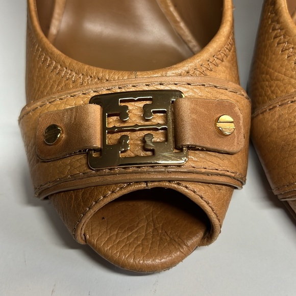 Tory Burch Carnell Royal Tan Leather Peep Toe Cork Wedge Women’s Size 10 M - Picture 4 of 15